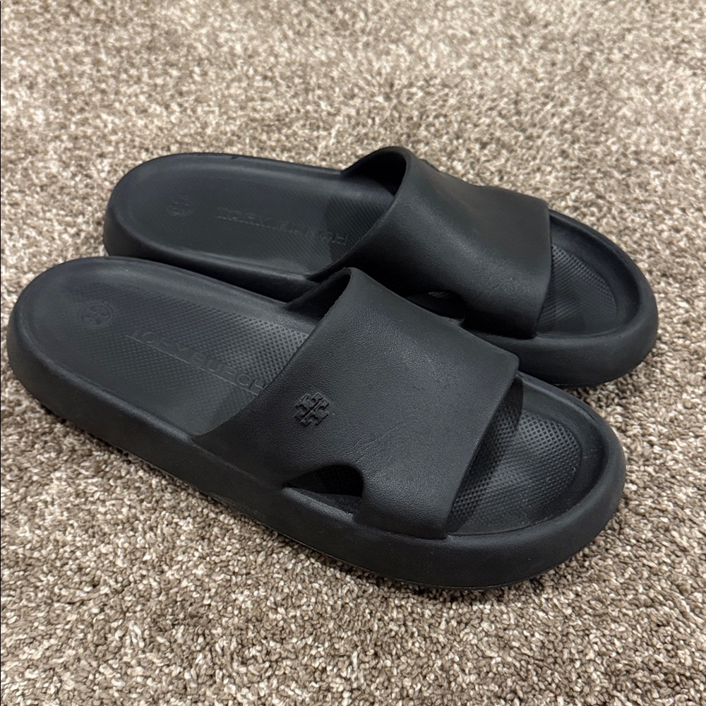 Worn once! Tory Burch Shower Slides. Black W11
